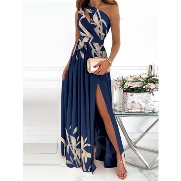 Split Single Shoulder Printed Maxi Dress - Picture 1 of 5
